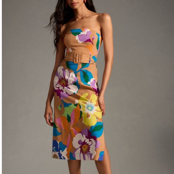 Anthropologie Maeve Floral Strapless Belted Midi Dress - Picture 2 of 10